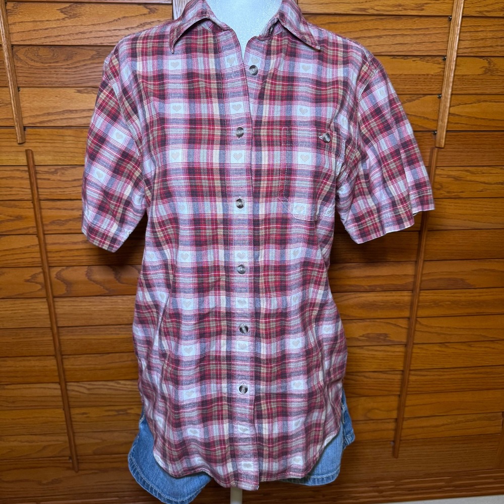 Vintage Red Plaid Heart Print Cotton Short Sleeve Button Down Shirt Small